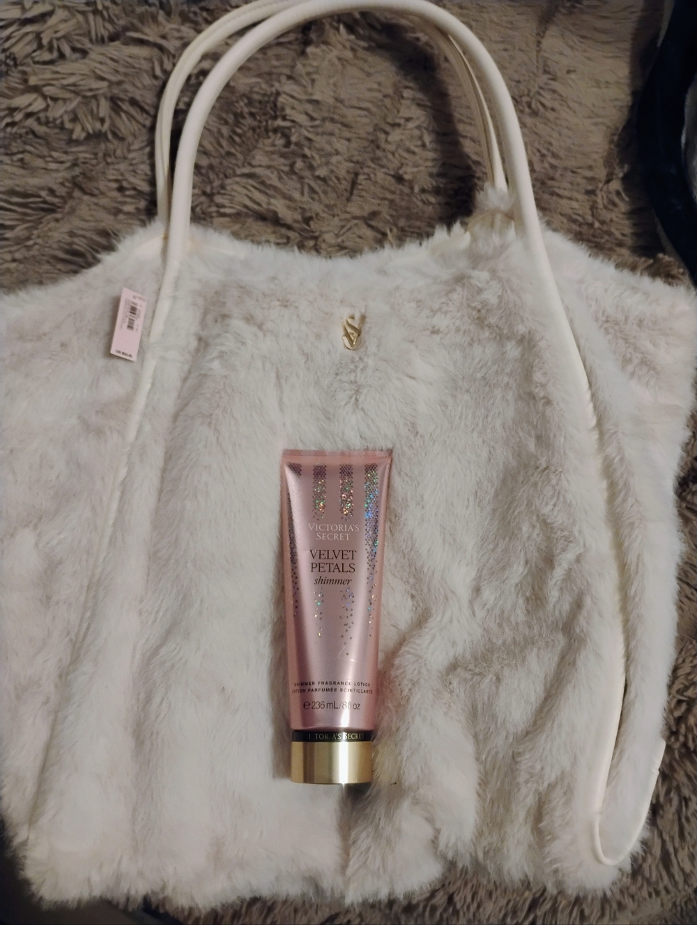 White/Cream Faux Fur Victoria Secret Bag & FREE Victoria Secret Shimmer Lotion
